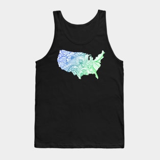 Colorful mandala art map of the United States of America in blue and green on white background Tank Top